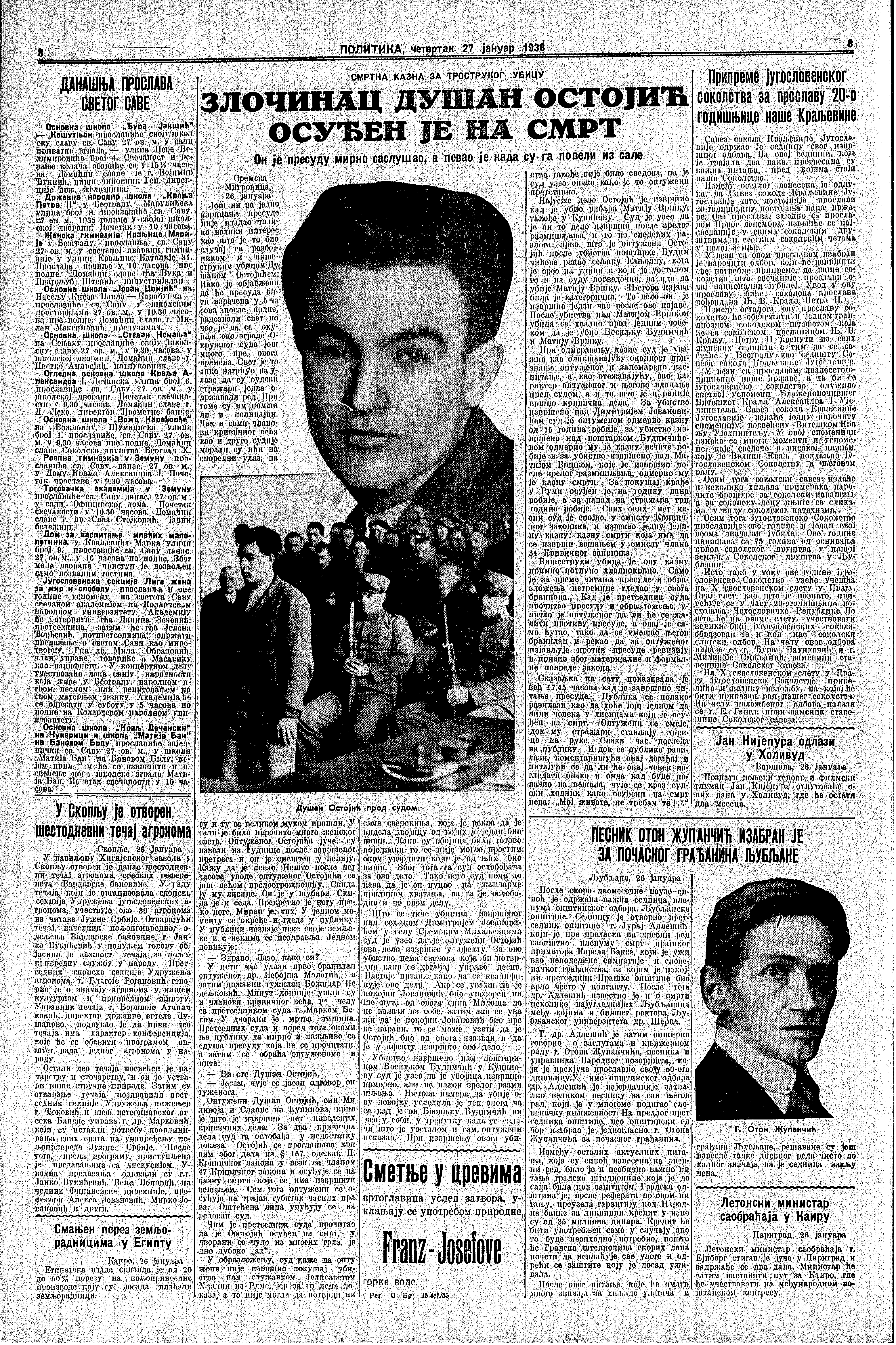 Zločinac osuđen na smrt, Politika, 27.01.1938